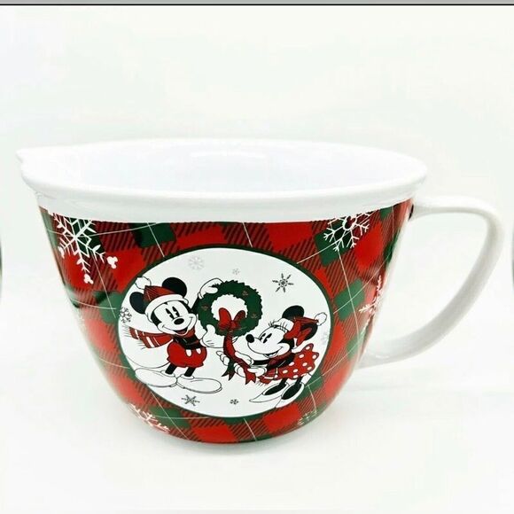 Disney Ceramic Mixing Bowl Mickey Mouse Minnie Christmas Holiday Plaid 10 Cup - Picture 1 of 4